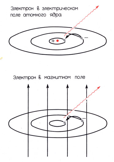 Рис. 10.13. Вверху: излучение (красная волнистая стрелка) возникает в атоме, когда электрон (серый кружок) переходит с внешней орбиты на более близкую к ядру атома (красный кружок). Излучение имеет вполне определенную для данного атома и данного перехода энергию. Внизу: в сильном магнитном поле (вертикальные стрелки) электроны могут вращаться по круговым орбитам, подобным орбитам в атоме. Здесь при переходе с внешней орбиты на внутреннюю также будет излучаться энергия, зависящая от напряженности магнитного поля. Считают, что показанный на рис. 10.12 пик интенсивности рентгеновского излучения источника Геркулес Х-1 связан именно с таким переходом электронов в магнитном поле нейтронной звезды.